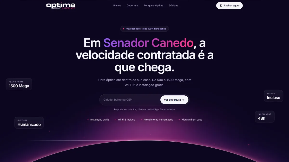 Optima Prime Internet — Site de lançamento com consulta de cobertura desenvolvido pela Odisseia Design